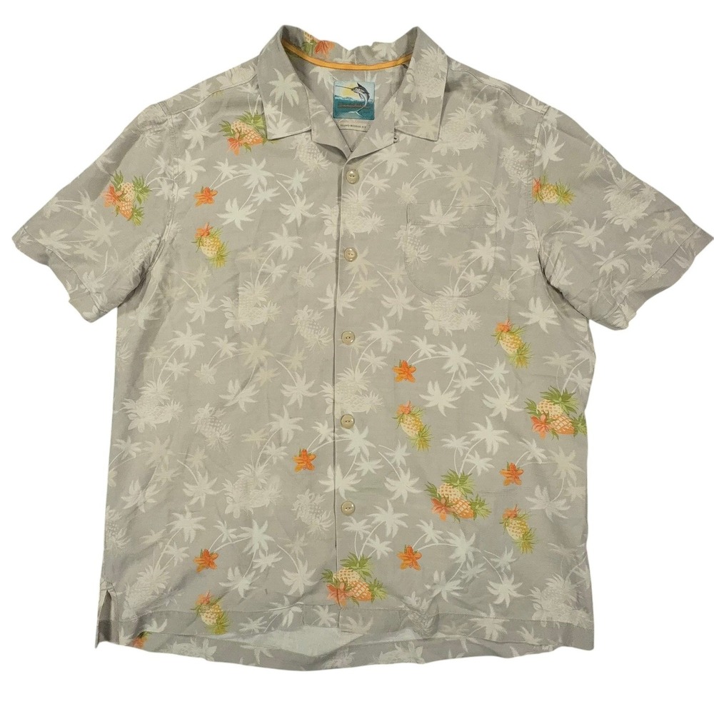 Tommy Bahama Upside Down Pineapple Shirt Mens L Grey Silk Blend Hawaiian